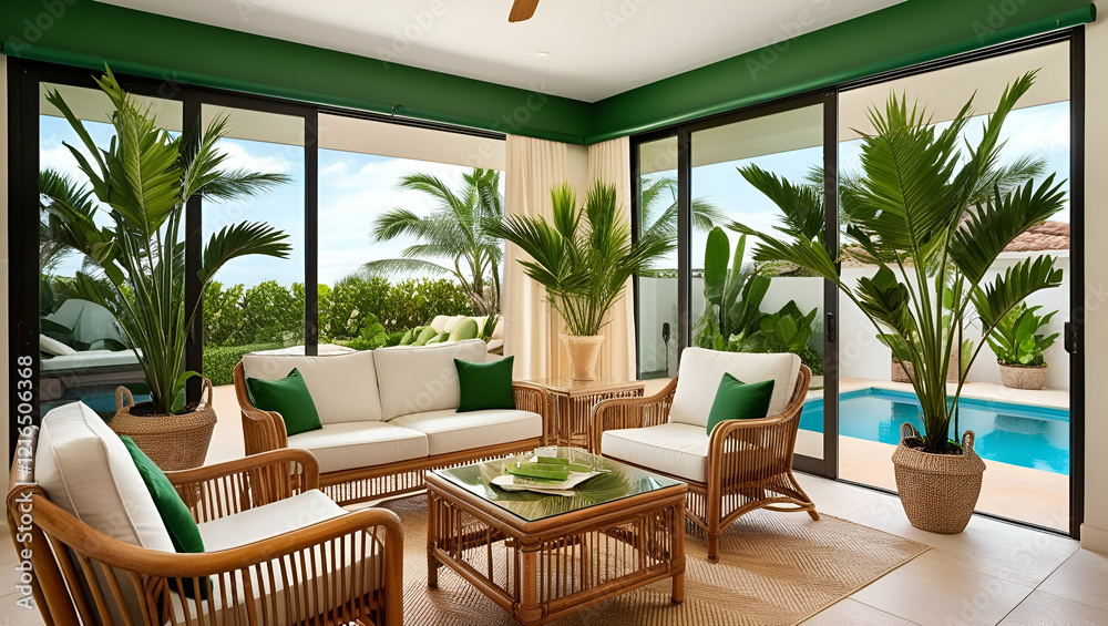 Fototapeta premium modern living room with windows and pool 