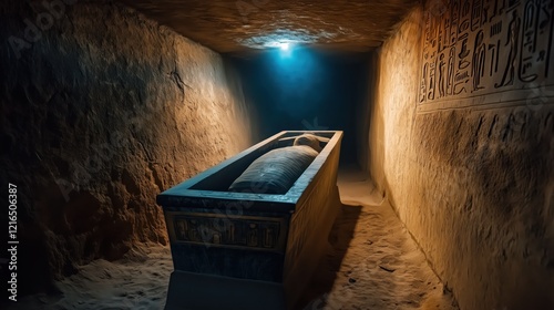 The dark tomb reveals a massive stone sarcophagus, surrounded by shadows, symbolizing the timeless allure of mummies, kings, and ancient Egyptian history.