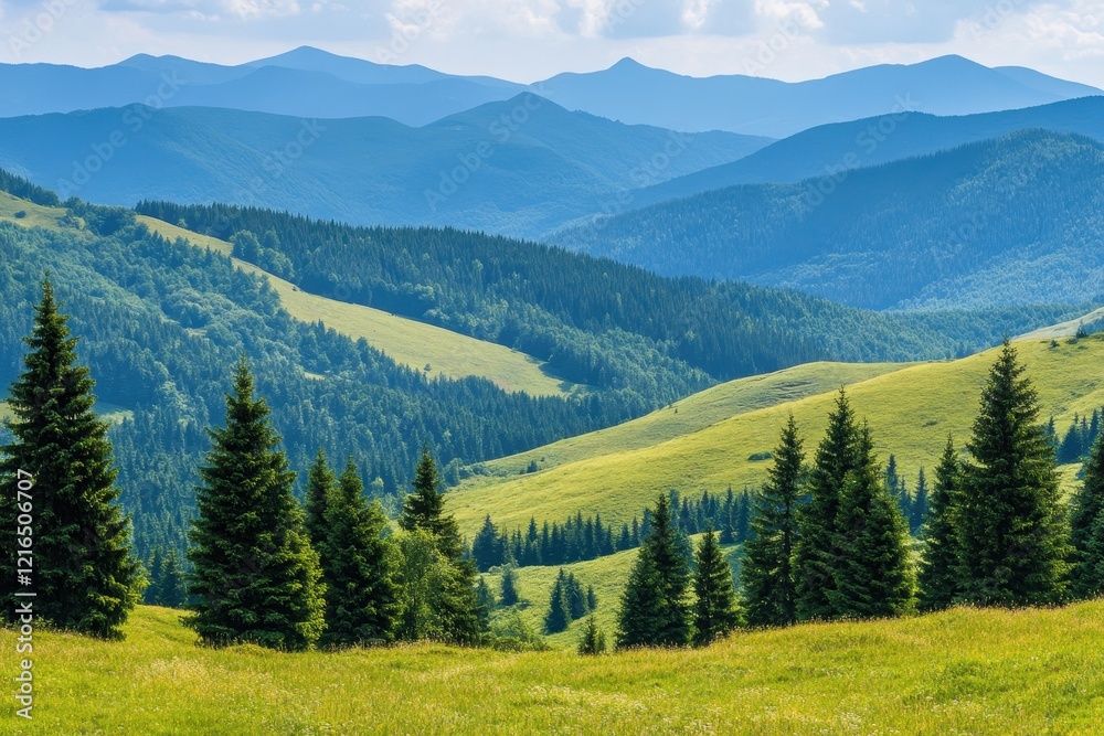 Green mountain meadow, fir trees, scenic valley, summer Green mountain meadow, fir trees, scenic valley, summer