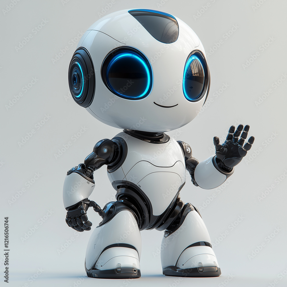 An animated robot with a friendly face and waving hand, for an AI powered platform generative AI