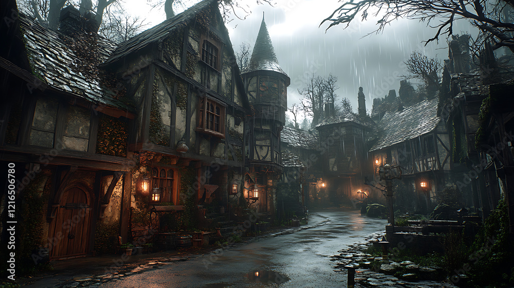Obraz premium Rainy Day in a Medieval Town