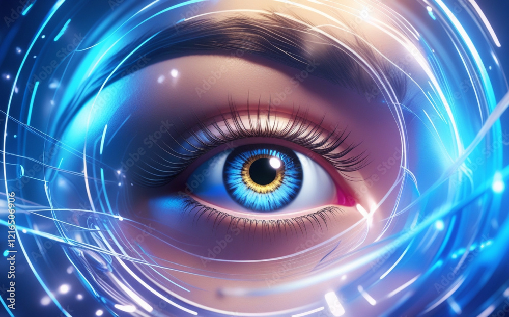 A close-up of the human eye is surrounded by digital graphics and blue light patterns, creating a futuristic and technological feel. Intricate details of the eye aid in identification. AI generated. A close-up of the human eye is surrounded by digital graphics and blue light patterns, creating a futuristic and technological feel. Intricate details of the eye aid in identification. AI generated.