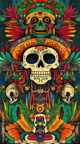 Wallpaper Mural Ornate Skull Decorated With Vivid Flowers And Feathers Torontodigital.ca