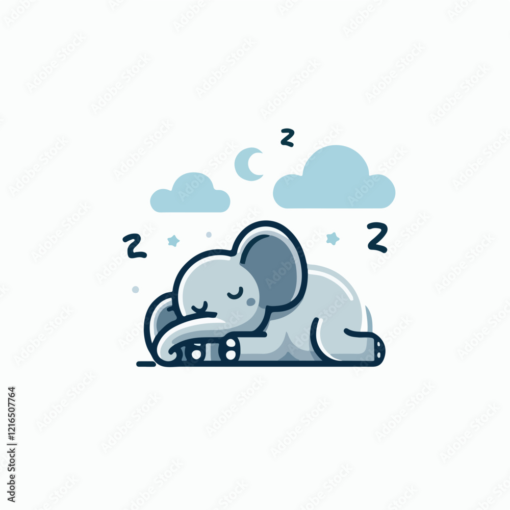 Sleepy Elephant Illustration: A cute and simple cartoon illustration of a sleepy elephant curled up under a starry night sky, perfect for children's books, social media, or branding. Sleepy Elephant Illustration: A cute and simple cartoon illustration of a sleepy elephant curled up under a starry night sky, perfect for children's books, social media, or branding.