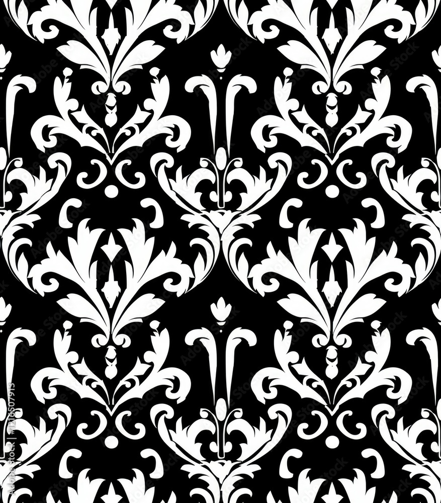 A decorative black and white damask pattern featuring intricate floral designs.