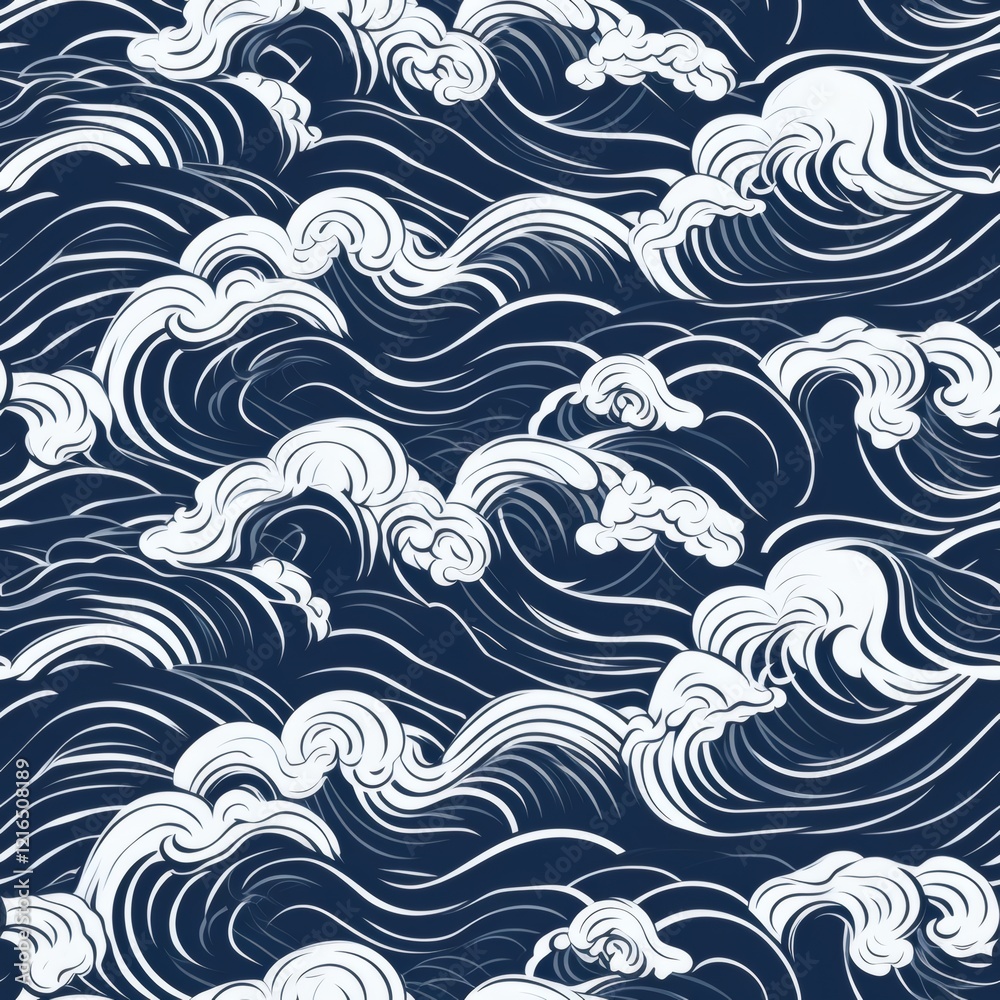 Fototapeta premium Dynamic ocean waves pattern with swirling white lines against dark blue background