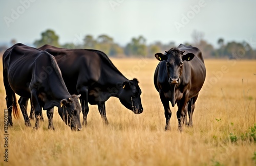 Black cows graze in golden pasture. Australian ranch scene. Animals eating grass. Dry summer day in countryside. Rural farming, agriculture depicted. Sustainable farming practices seen in image. photo