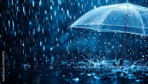 Transparent umbrella under rain against water drops splash background. Rainy weather concept.