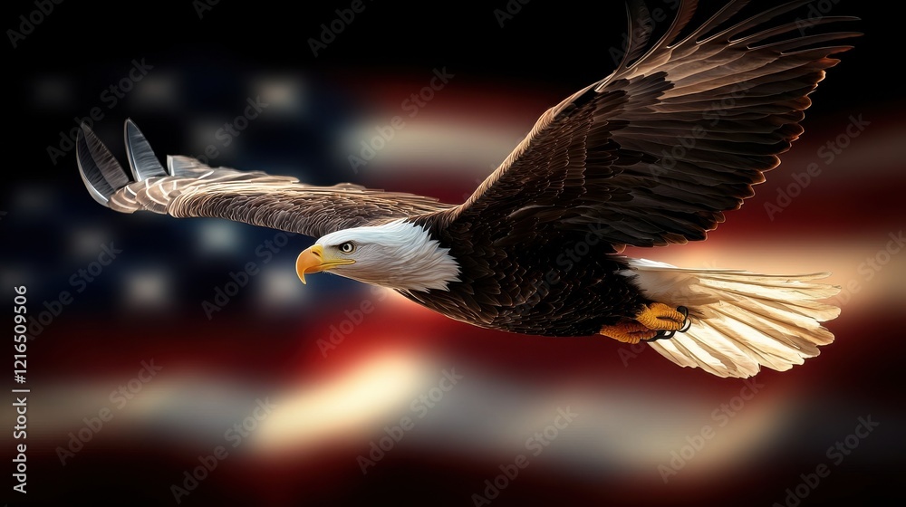 Obraz premium Eagle soars over american flag wildlife scene united states nature aerial view patriotism