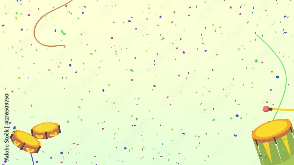 Fundo de Tela Carnaval Brasil samba confete serpentina multicolorido pandeiro surdo. Editável: 10s intro + 10s  loop + 10s / 4k 60fps