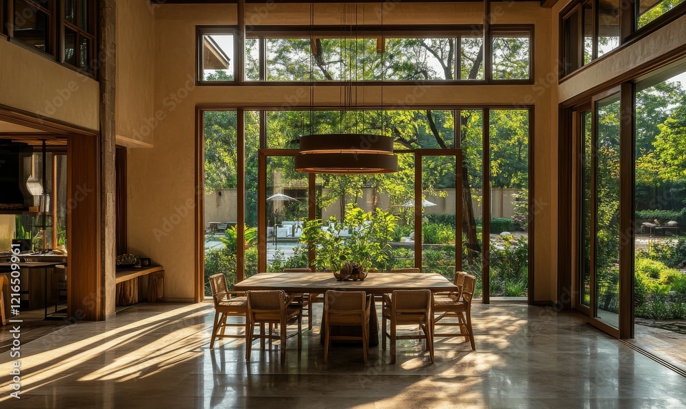Elegant dining area with rustic decor and large windows showcasing a garden view in daylight Elegant dining area with rustic decor and large windows showcasing a garden view in daylight