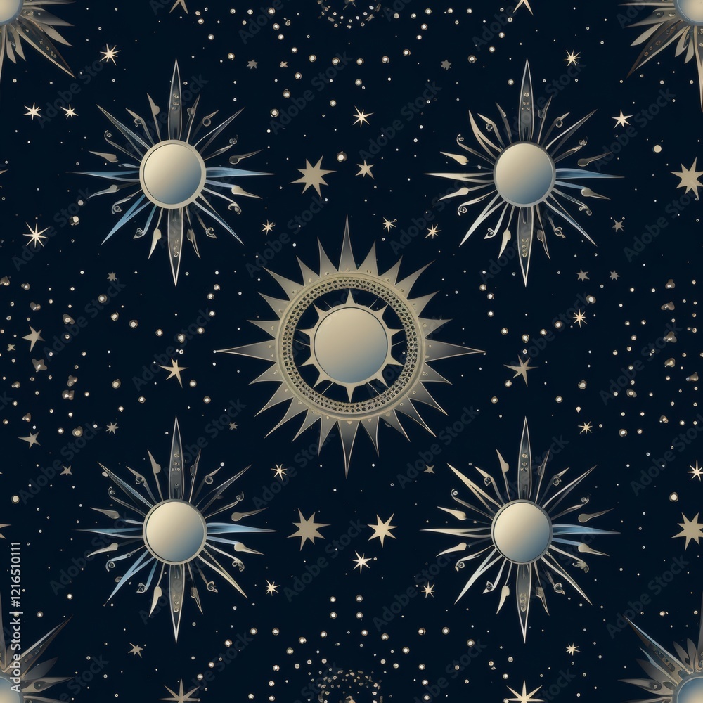 Fototapeta premium Celestial pattern featuring suns and stars against a dark night sky backdrop