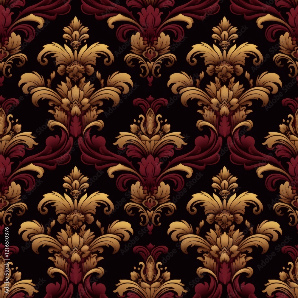 Fototapeta premium Decorative fabric pattern showcasing intricate gold and crimson floral motifs on a dark background with rich textures