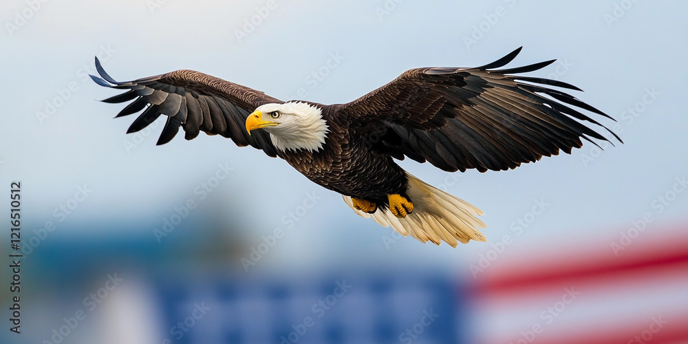 Obraz premium Bald eagle soaring gracefully over a distant flag