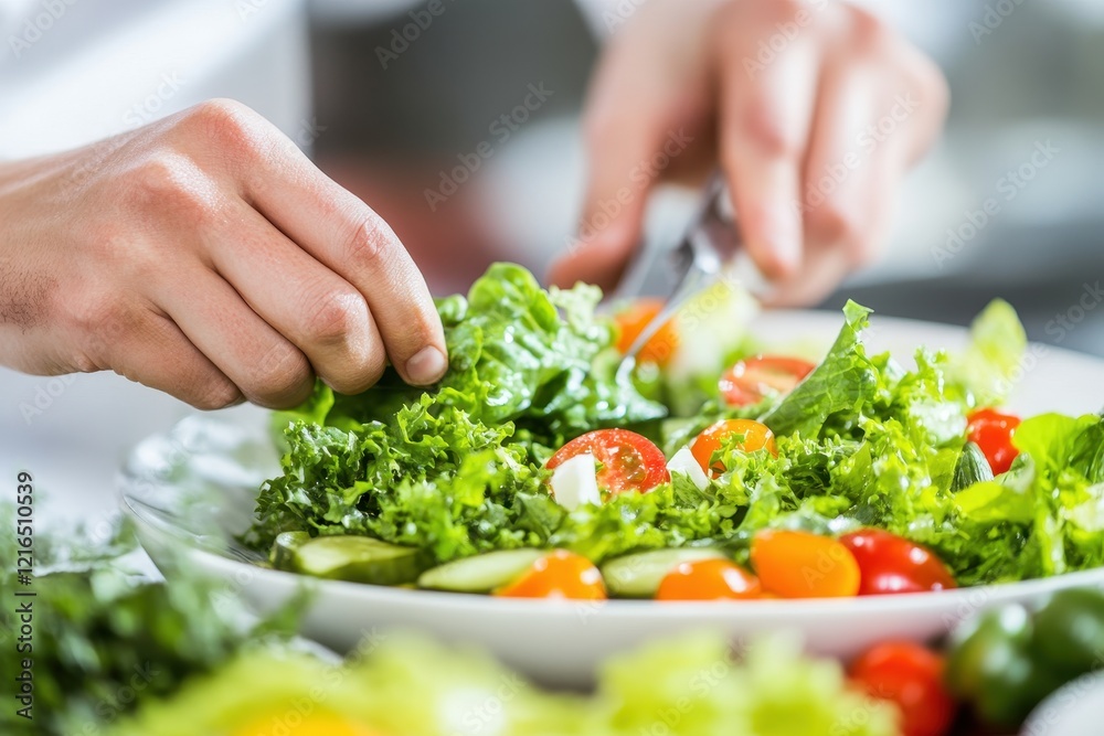Chef preparing fresh salad, kitchen setting, healthy eating Chef preparing fresh salad, kitchen setting, healthy eating