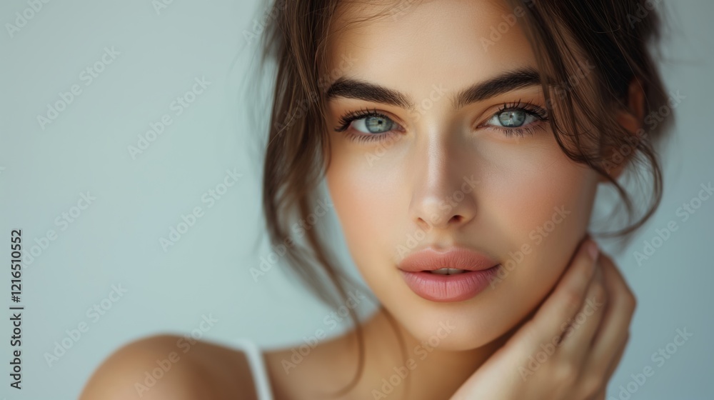 Close-up portrait of a woman with a subtle gaze, showcasing her natural beauty. She gently touches her neck, highlighting her soft lips and expressive blue eyes Close-up portrait of a woman with a subtle gaze, showcasing her natural beauty. She gently touches her neck, highlighting her soft lips and expressive blue eyes