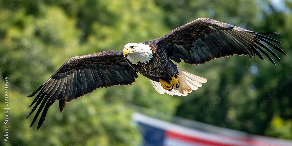 Naklejka premium Bald eagle soaring through the sky near American flag