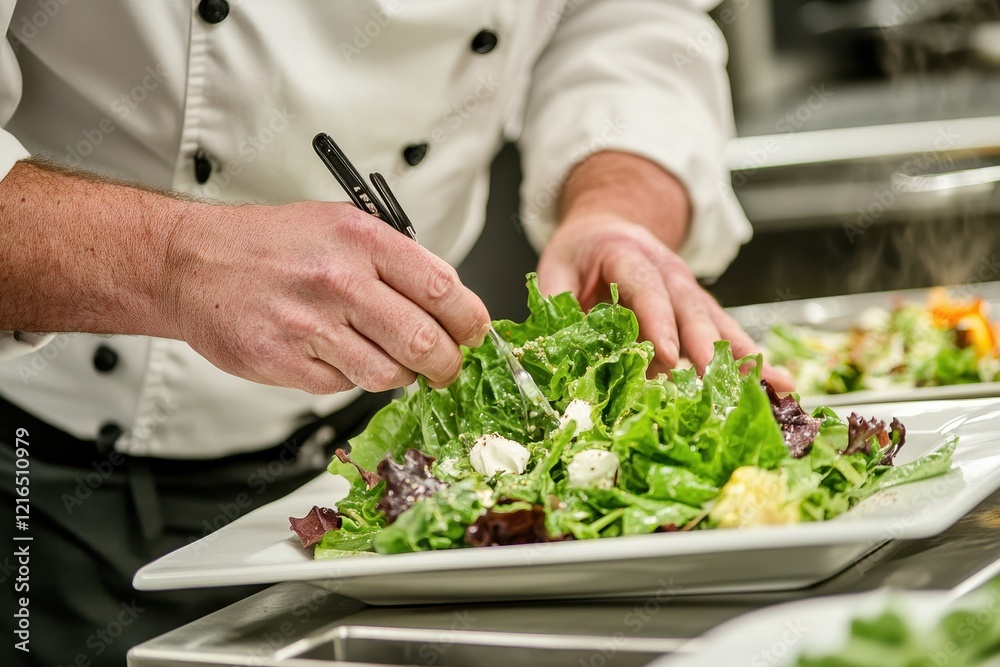 Chef plating gourmet salad in restaurant kitchen Chef plating gourmet salad in restaurant kitchen