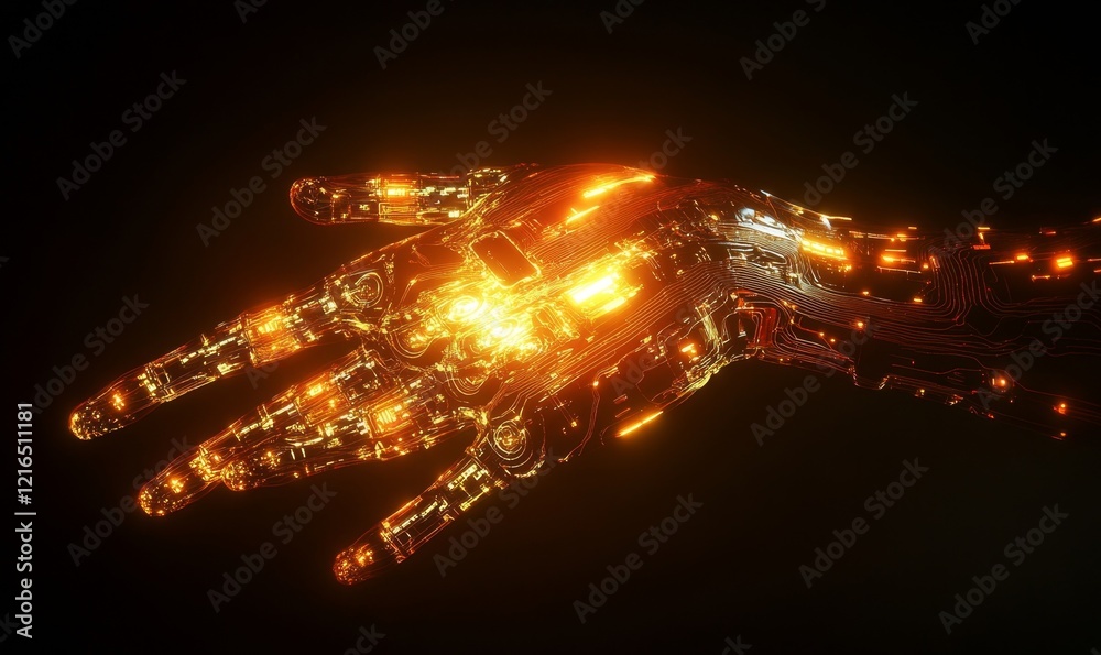 Fototapeta premium Futuristic Robotic Hand with Illuminated Circuits and Emanating Light, Depicting Advanced Technology and Artificial Intelligence, Generative AI