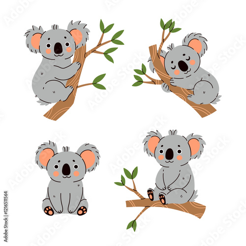 Set of cute koalas isolate on white background. Vector graphics.