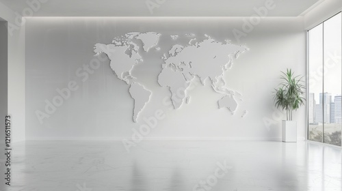 Modern Minimalist Office Interior Design Featuring a World Map Wall Decor
