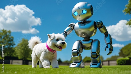 A futuristic scene featuring a sleek, silver robot with glowing blue eyes interacting with a playful white dog in a lush green park under a bright blue sky.