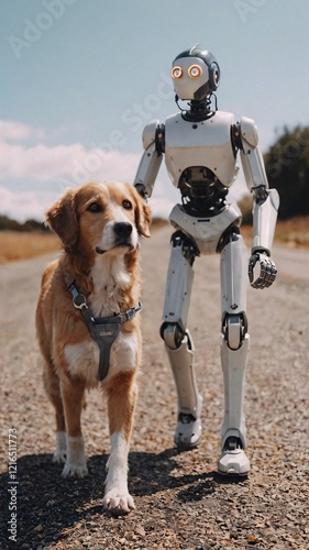 A striking image of a sleek, white robot with glowing eyes strolling alongside a curious dog on a dusty country road under a vast blue sky