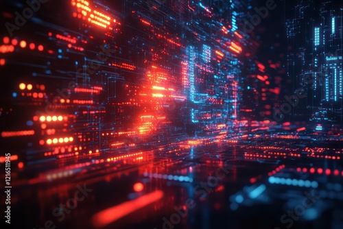 Futuristic tech error with neon highlights, merging with glitch effects and fragmented digital symbols on a dark screen
