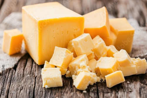 Rustic Wooden Board, Cut Cheese Cubes, Closeup photo