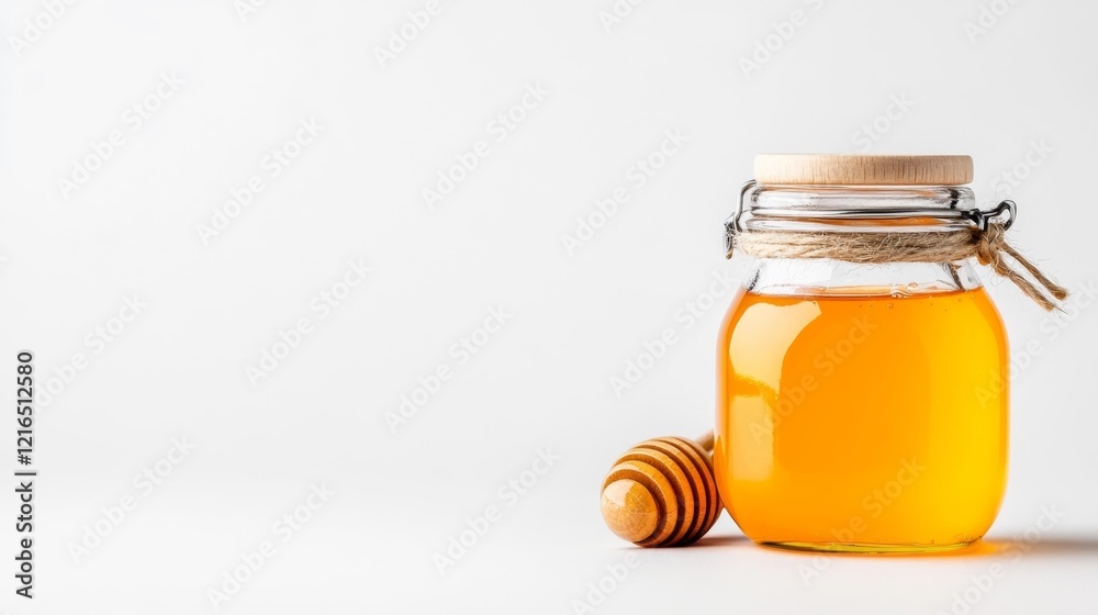 Jar of Honey with Wooden Dipper on White Background. Generative AI Jar of Honey with Wooden Dipper on White Background. Generative AI