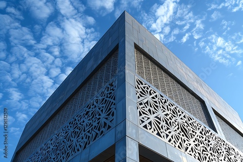 a building with a modern cubic design and intricate patterns from traditional islamic architectures photo