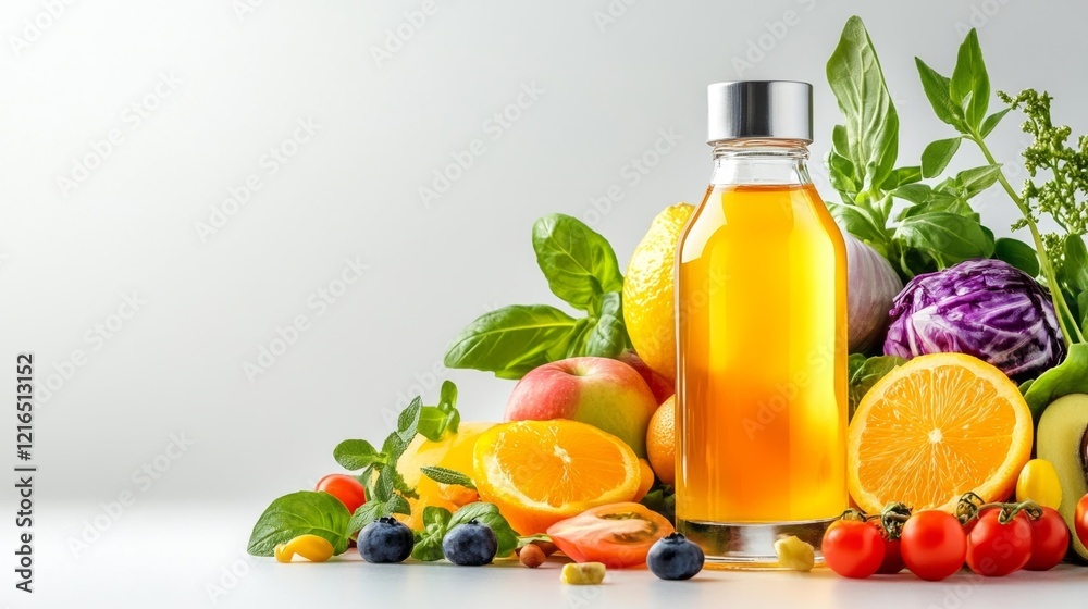 Bottle of salad dressing with fresh fruits and vegetables on a white background. Generative AI