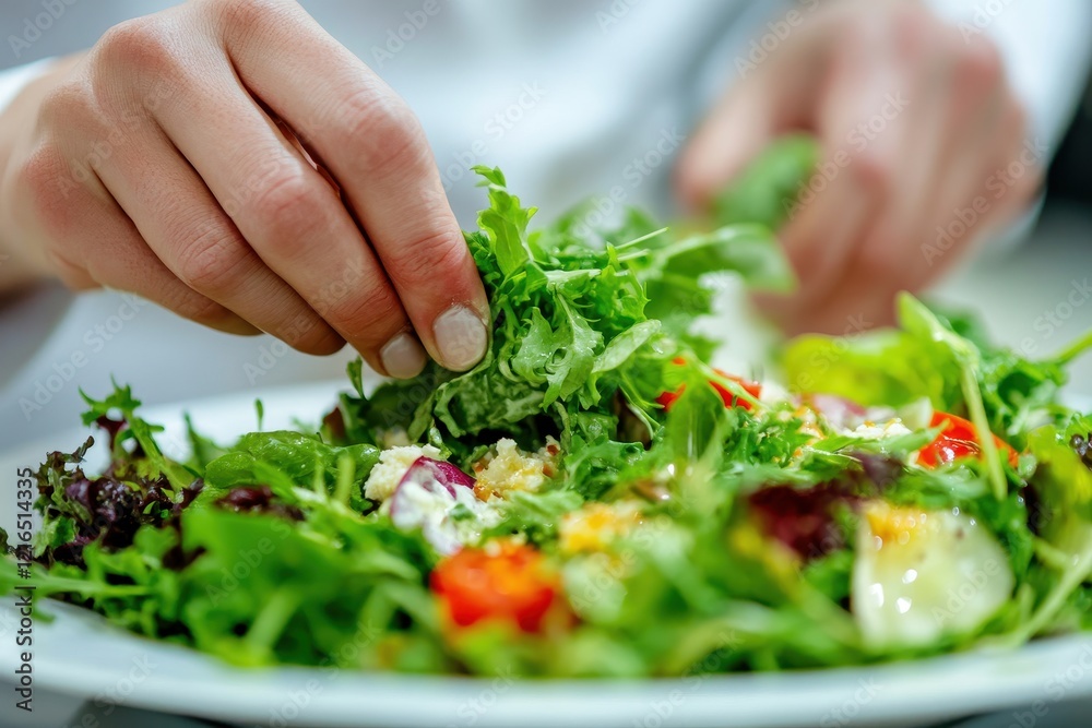 Chef preparing salad, kitchen, restaurant, greens, healthy food Chef preparing salad, kitchen, restaurant, greens, healthy food