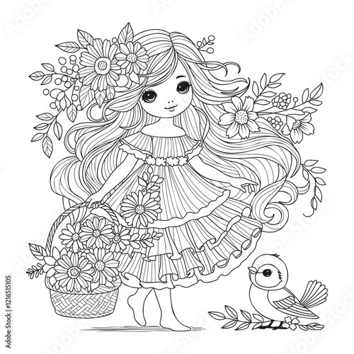 Cute girl in a summer dress and with a basket of flowers. Coloring for children and adults. Art therapy.