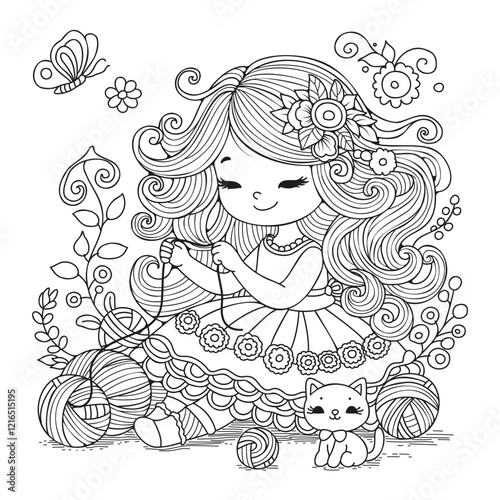 Coloring page for kids and adults. Cute girl with long hair sitting on the floor playing with a kitten and balls of wool.