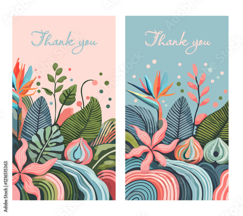Bright background with tropical flowers for designing greeting, invitation, thank you cards with space for text.