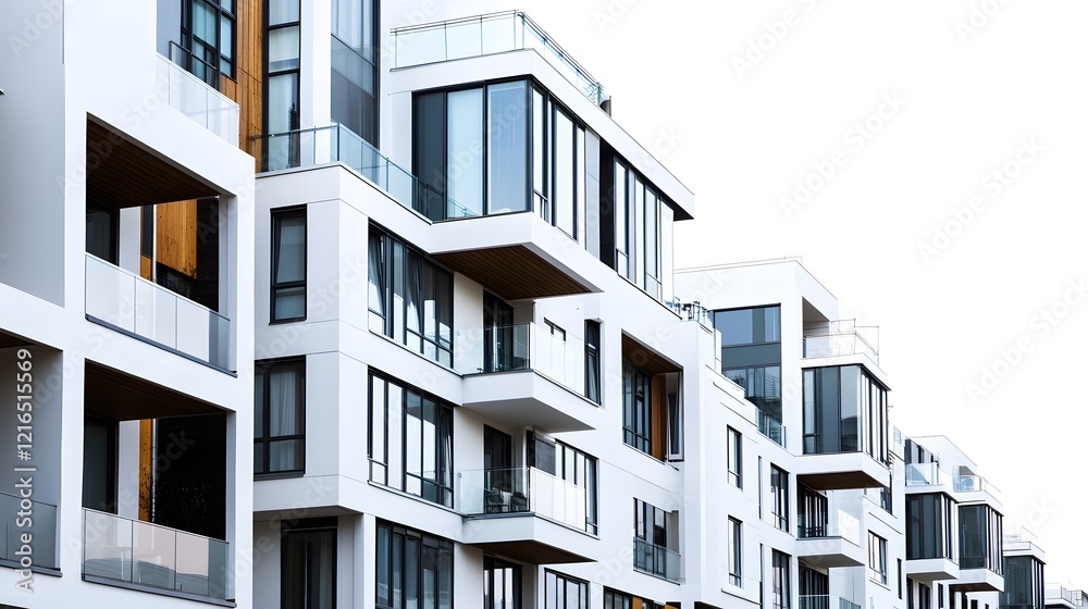 Facade of a residential building with windows, balconies, and a brick exterior in an urban city setting Facade of a residential building with windows, balconies, and a brick exterior in an urban city setting