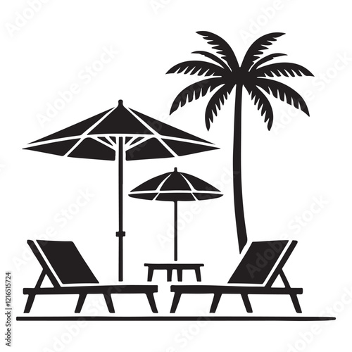 Beachfront Relaxation Area Silhouette with Two Umbrellas and Chairs