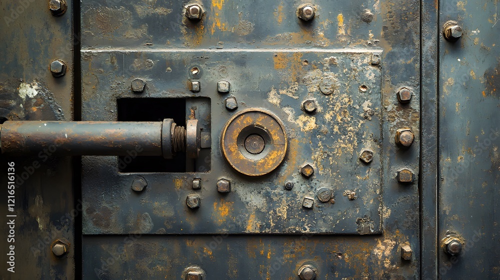 Fototapeta premium Old rusty metal door with vintage lock and worn wooden frame
