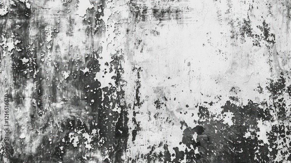 A textured black and white surface with peeling paint and abstract patterns. A textured black and white surface with peeling paint and abstract patterns.