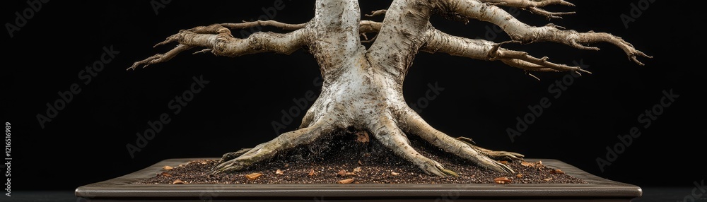 Fototapeta premium Ancient Bonsai Tree, Close-up, Studio, Black Background, Gardening