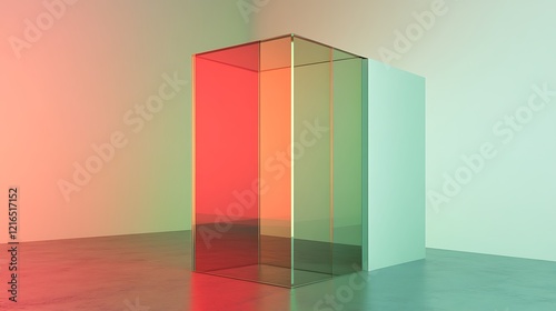 Glass Cube Structure Illuminated With Red And Green Light