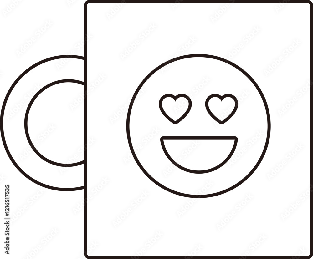 Obraz premium Smiley Face Emoji with Hearts Mug outline. Valentine's Day Coffee Cup linear. Transparent background.