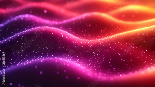 Abstract Background with Glowing Waves of Red, Orange, Pink, and Purple Particles