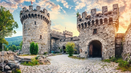 Sunrise at Medieval Castle Courtyard, Mountains
