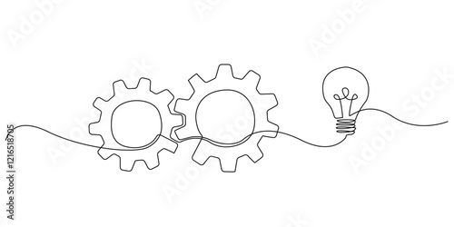 continuous line of interlocking gears and light bulbs.one line drawing of gears related to light bulbs.single line vector illustration for industrial and technology signs.isolated white background