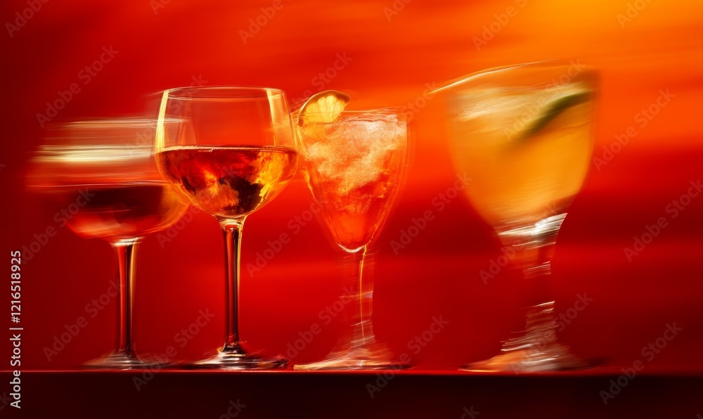 Elegant glasses of sparkling drink are set against vibrant red background, creating warm and inviting atmosphere perfect Elegant glasses of sparkling drink are set against vibrant red background, creating warm and inviting atmosphere perfect