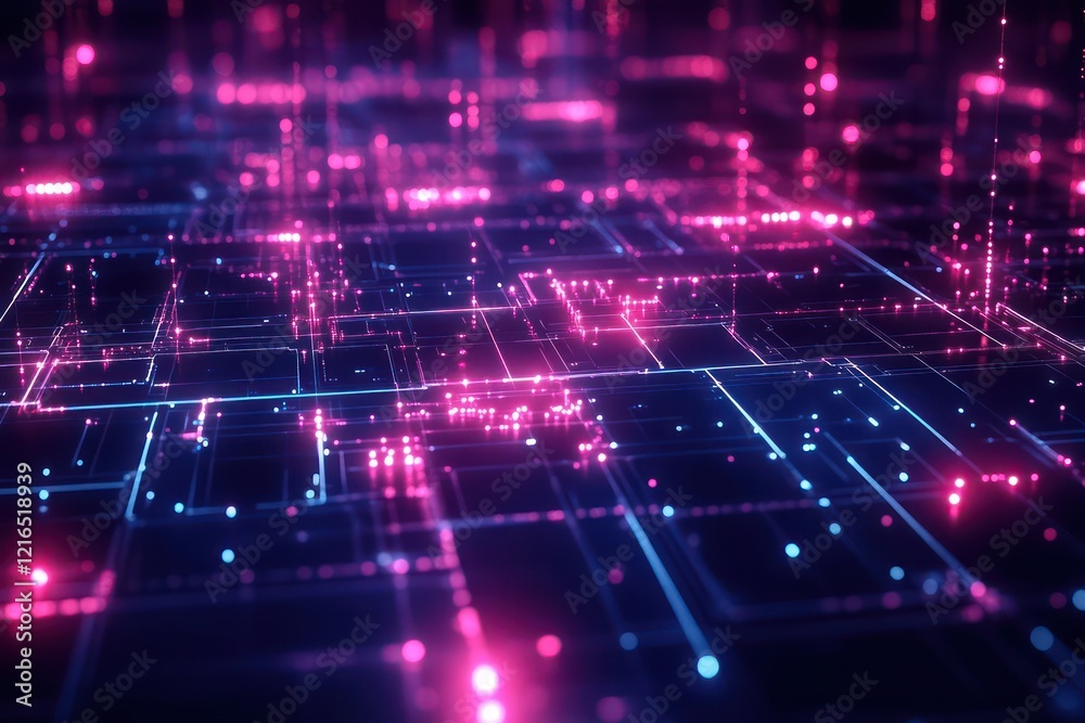Geometric tech grid with interconnected elements, creating a futuristic style.