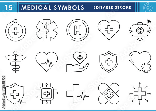 A set of line icons related to Medical Symbols. Medical, pharmacy, heart, clinic, digital, plus, cross, symbolic, and so on. Vector editable stroke.