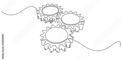 continuous line of interlocking gears.one line drawing of interlocking gears.single line vector illustration for industrial and technology signs.isolated white background